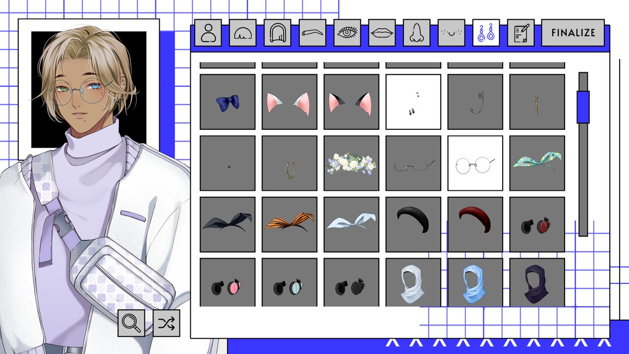 Character creator accessory menu with glasses, headphones, scarves, and earrings.