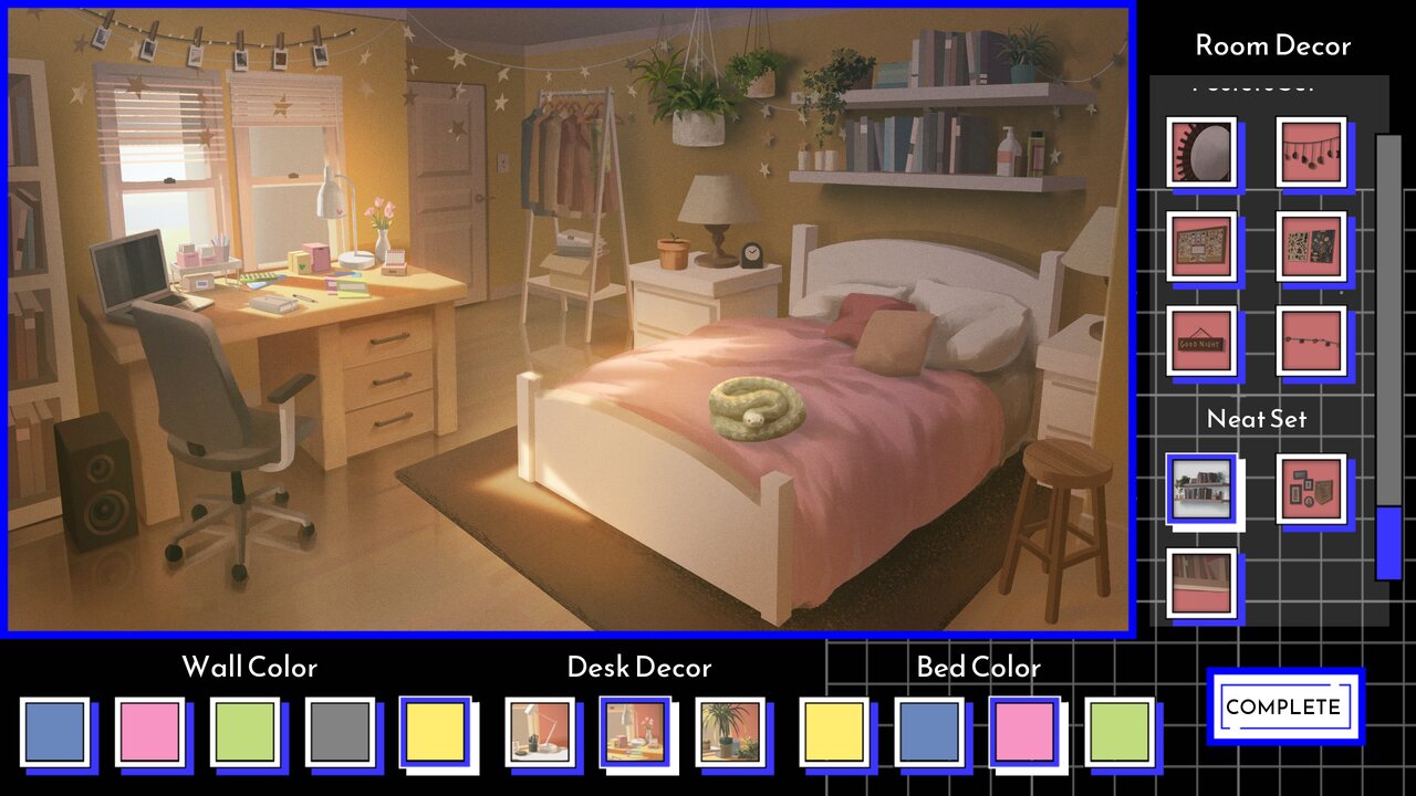 A cozy bedroom decoration screen with furniture and color options.