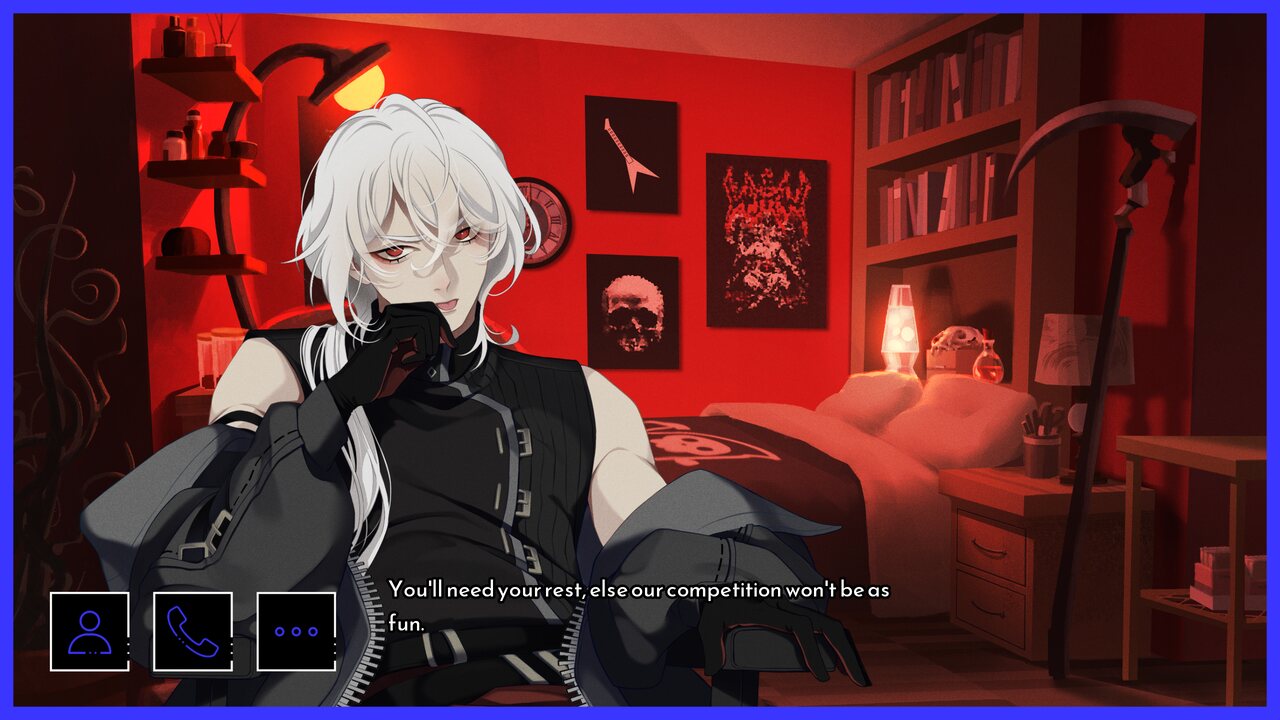 The Grim Reaper calls from a red-lit room.